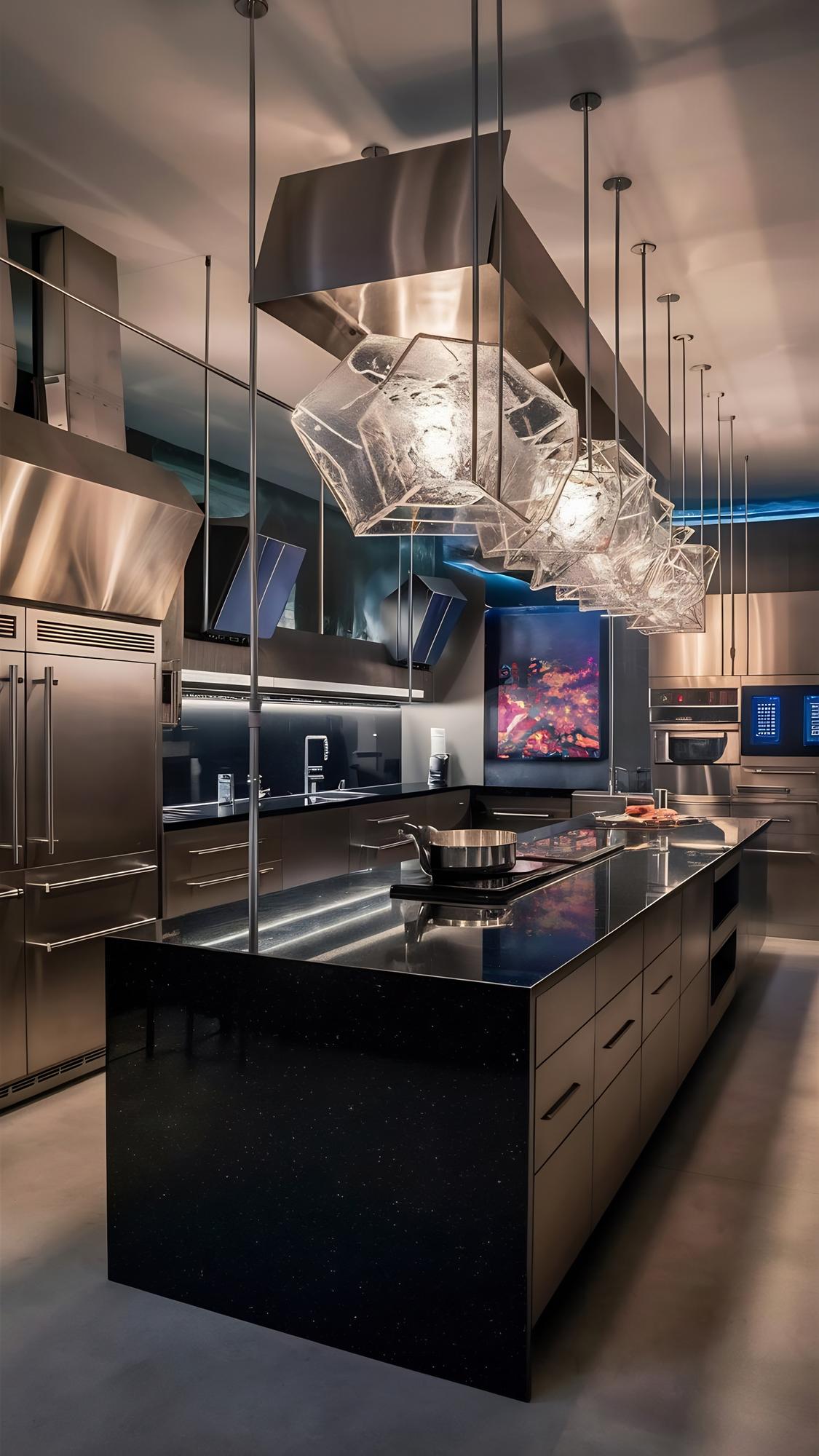 Workshop kitchen with stainless surfaces and devices